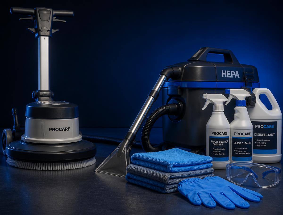 Professional floor machine, HEPA vacuum, PPE and EPA-registered cleaning products