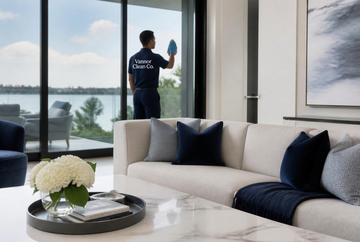 Bright, tidy modern living room representing Vannor Clean Co. cleaning service